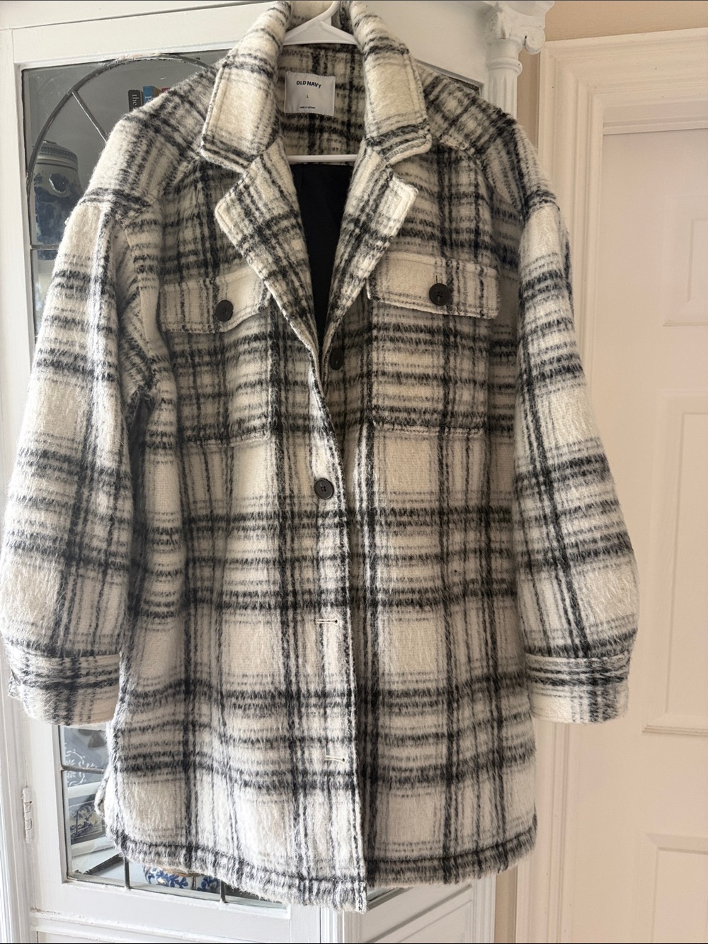 Old Navy Black and White Plaid Pea Coat Sz L